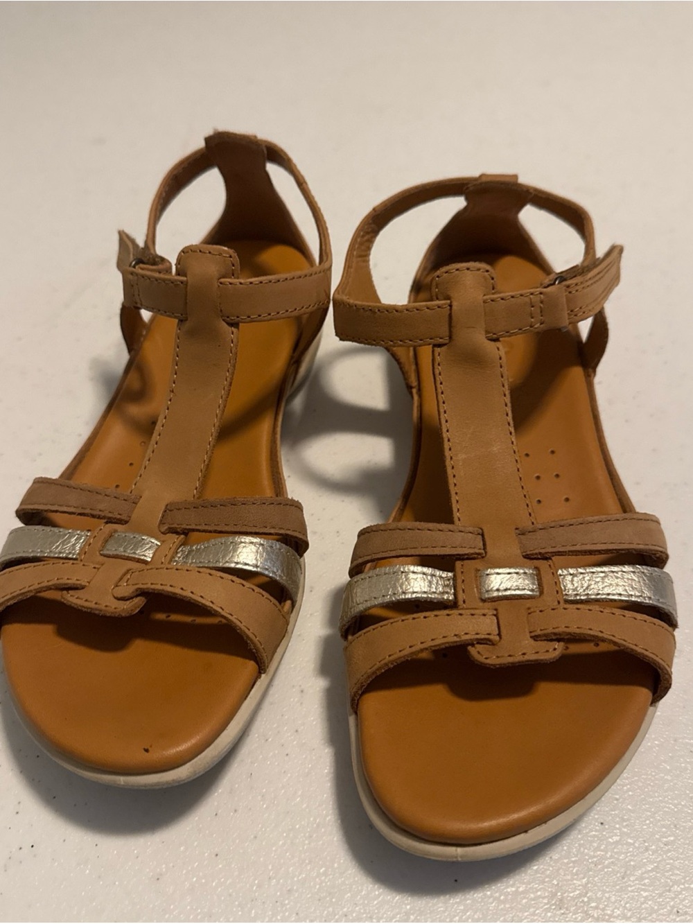 Ecco Tan Sandals with Silver Straps - T‑Bar Comfort